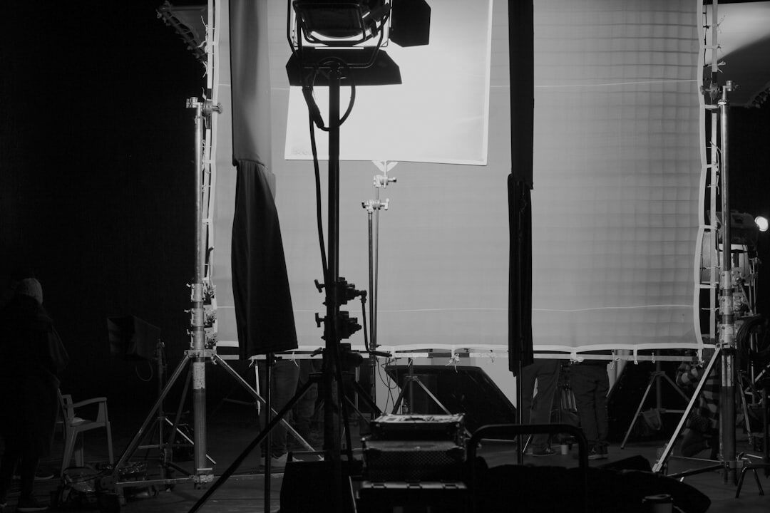 Multi-camera television studio floor with lighting rigs