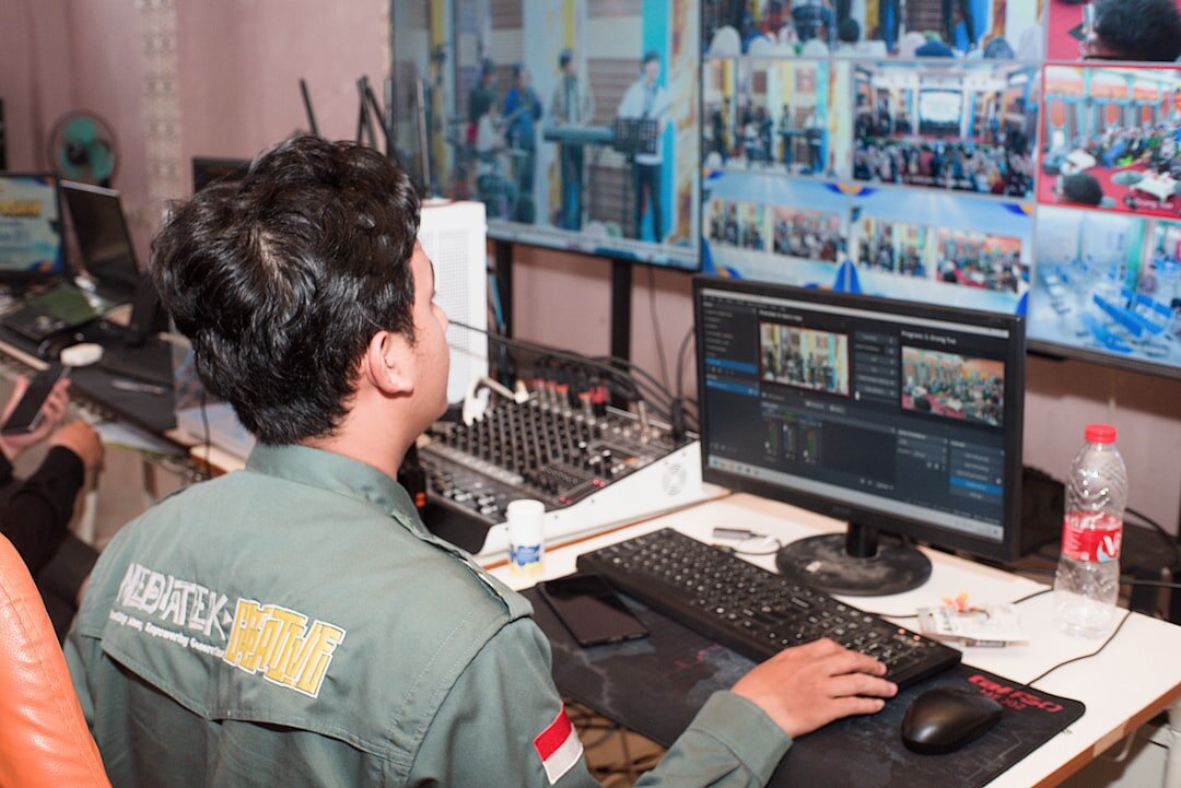 Television broadcast control room with monitors